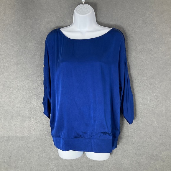White House Black Market Silk Blouse Womens M Tie Back Button Sleeve Royal Blue - Picture 1 of 11